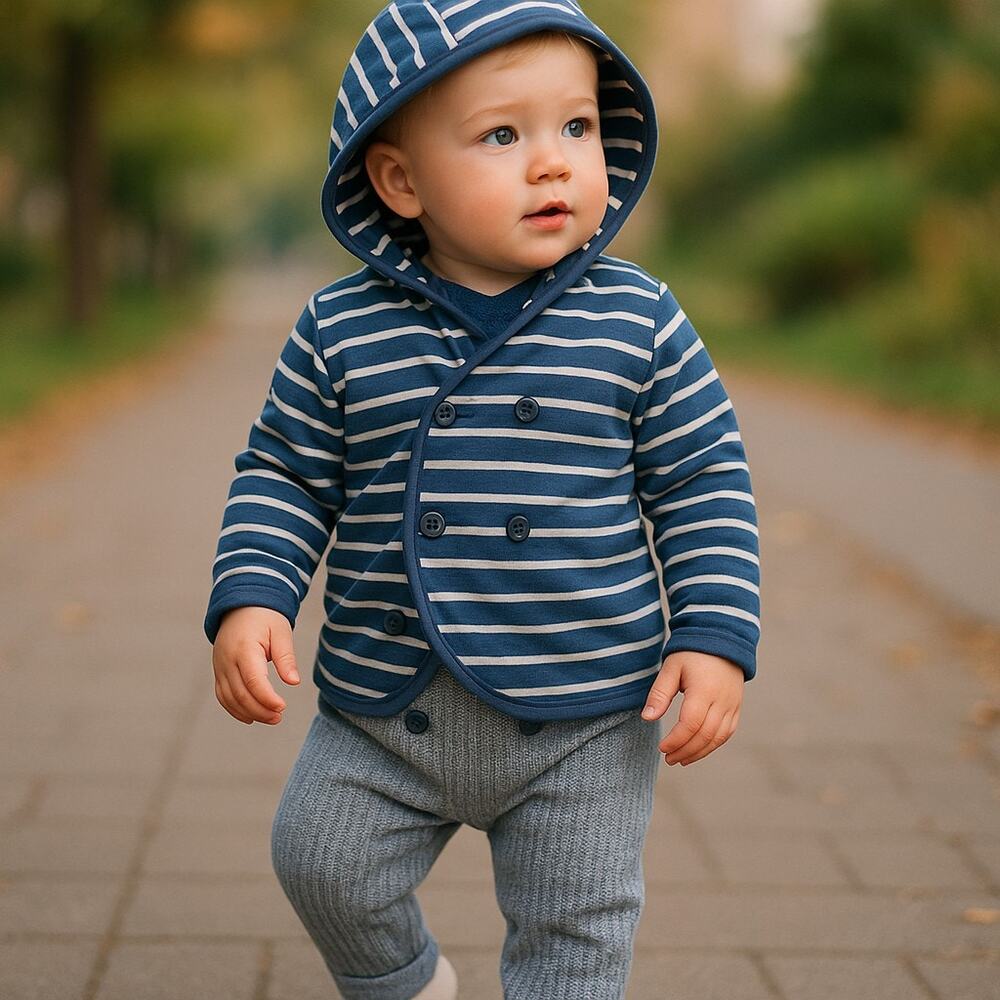 Little Shrimp Boys Jacket Size 18-24 Mo Blue Navy Gray Striped Wrap Style Hoodie